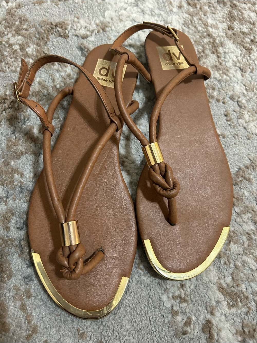 Dolce Vita Brown Knotted Thong Sandals with Gold Accents